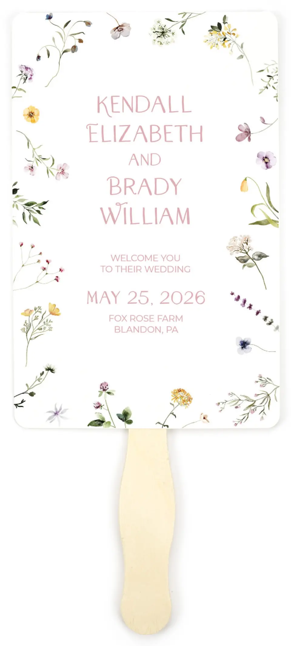 This is a 5" x 7⅞" Wedding Program Fan called Efflorescence printed in full color on Premium Smooth paper