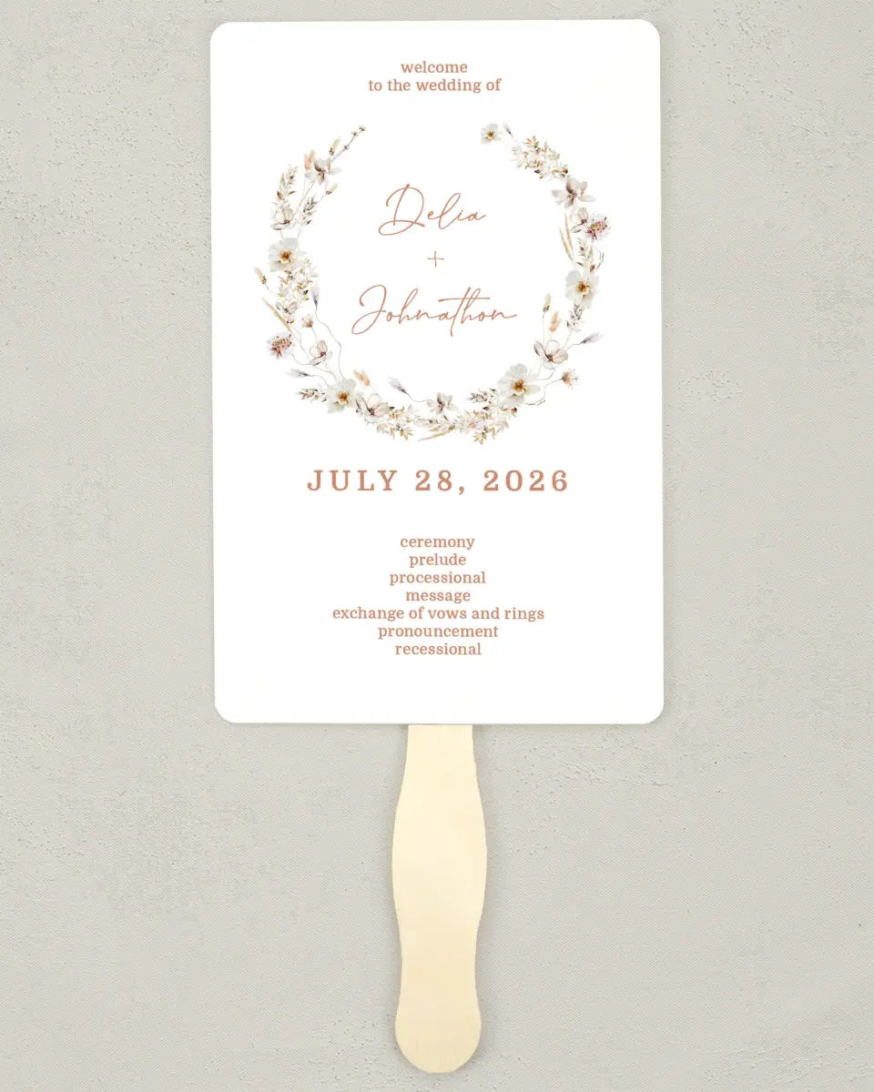 This is a 5" x 7⅞" Wedding Program Fan called Petal Perfect printed in full color on Premium Smooth paper