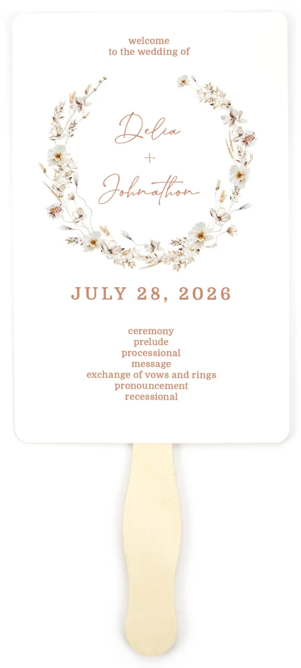 This is a 5" x 7⅞" Wedding Program Fan called Petal Perfect printed in full color on Premium Smooth paper