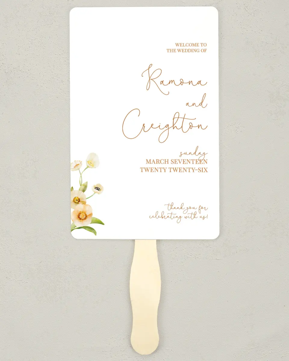 This is a 5" x 7⅞" Wedding Program Fan called Sultry Sunshine printed in full color with Rose Gold foil on Luxe Satin (coated) paper