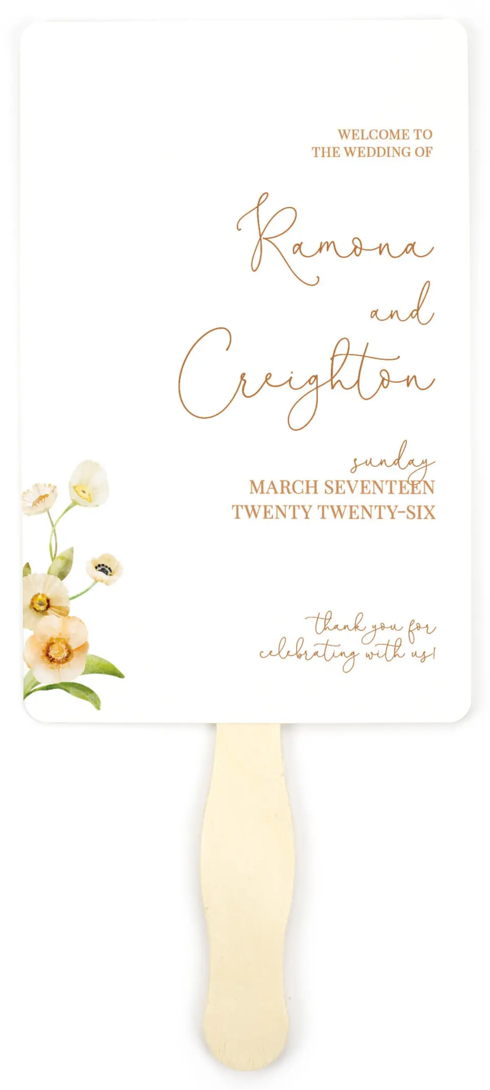 This is a 5" x 7⅞" Wedding Program Fan called Sultry Sunshine printed in full color on Premium Smooth paper