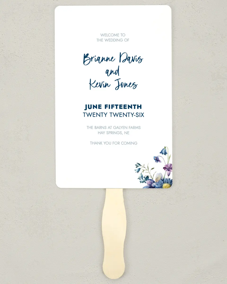 This is a 5" x 7⅞" Wedding Program Fan called Abundant Blue printed in full color with Gold foil on Luxe Satin (coated) paper