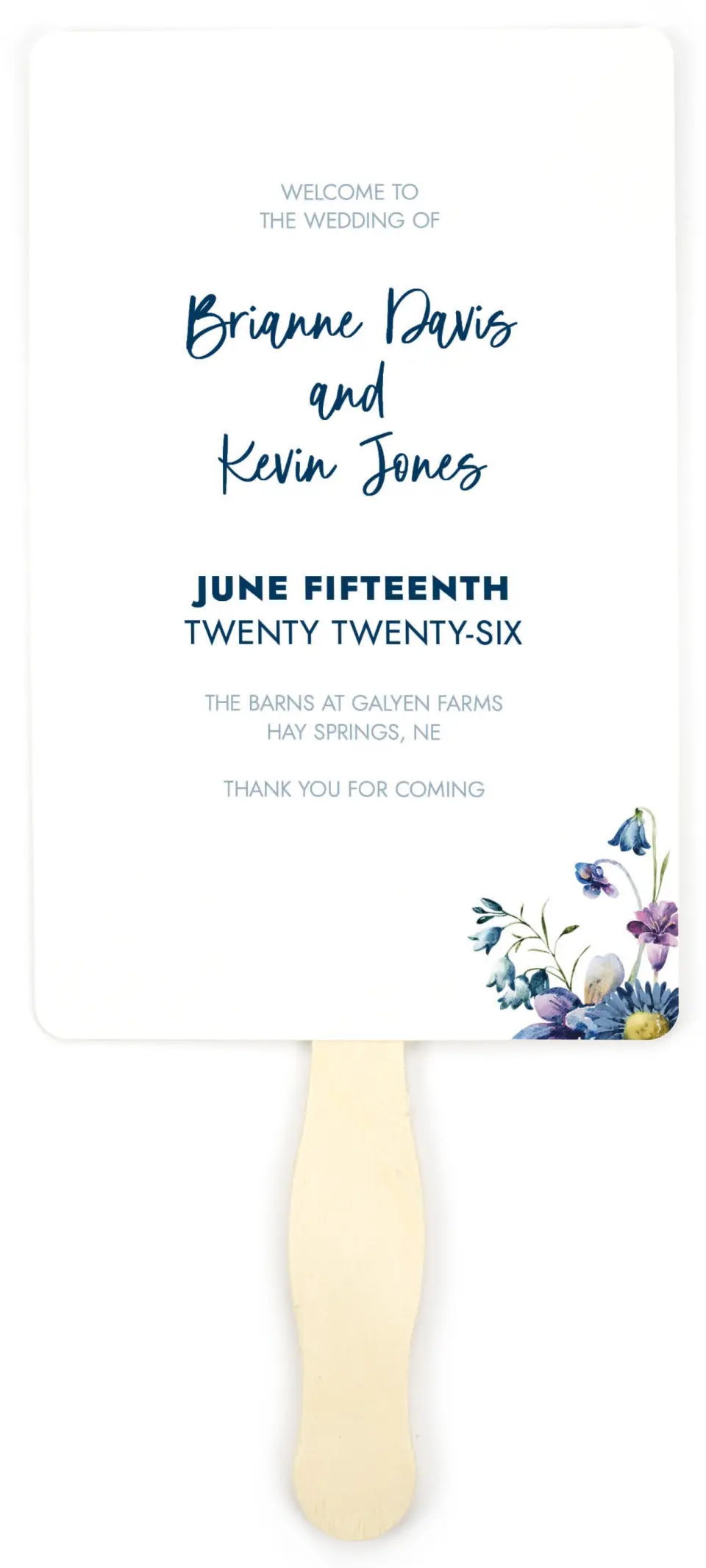 This is a 5" x 7⅞" Wedding Program Fan called Abundant Blue printed in full color on Premium Smooth paper