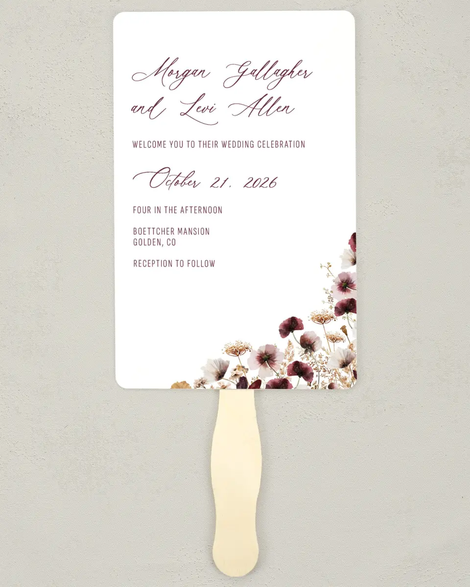 This is a 5" x 7⅞" Wedding Program Fan called Harvest Meadows printed in full color on Premium Smooth paper