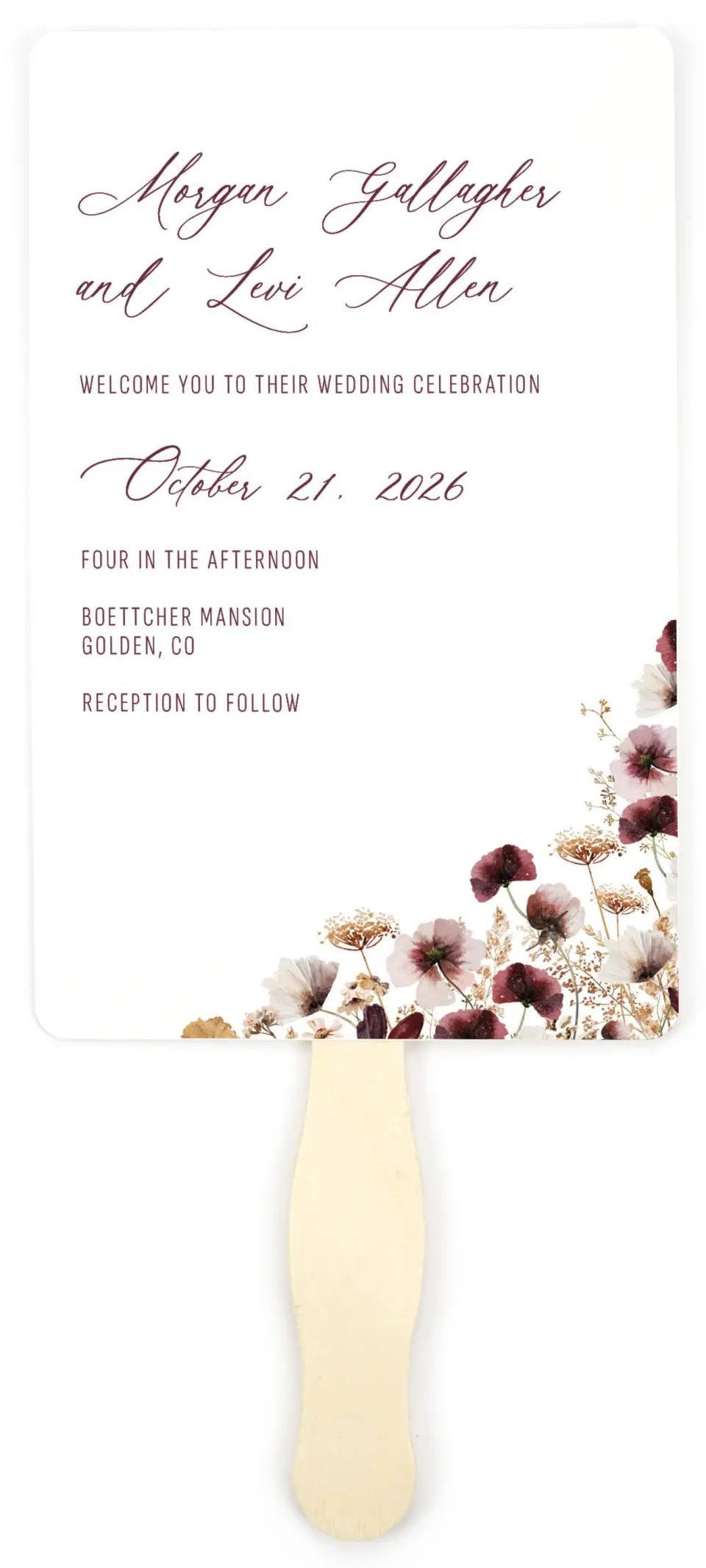 This is a 5" x 7⅞" Wedding Program Fan called Harvest Meadows printed in full color on Premium Smooth paper