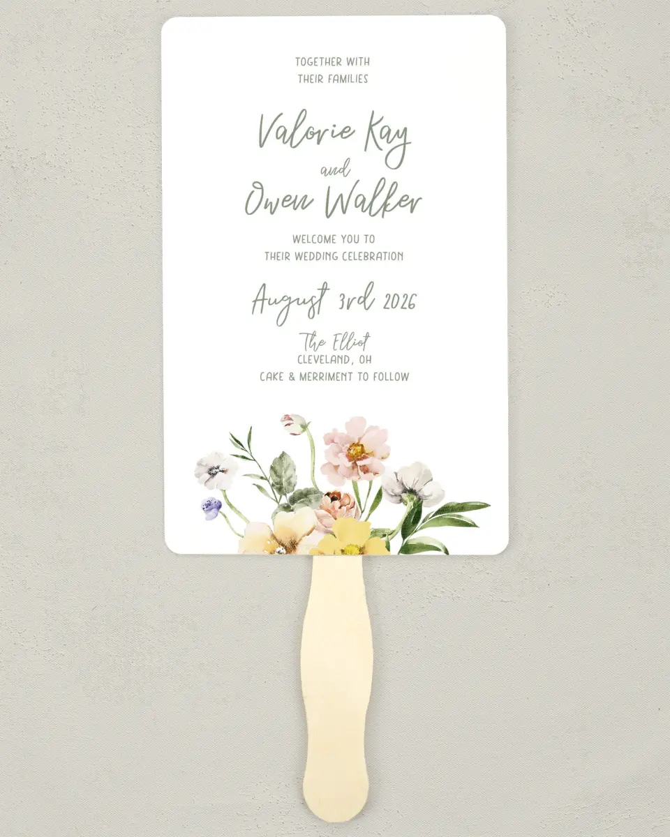 This is a 5" x 7⅞" Wedding Program Fan called Hopeful Floral printed in full color with Rose Gold foil on Luxe Satin (coated) paper