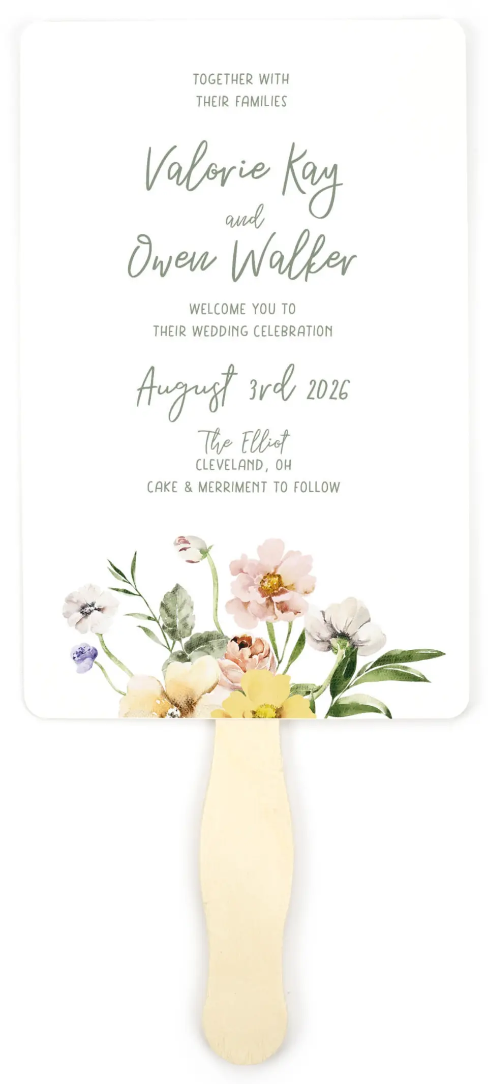 This is a 5" x 7⅞" Wedding Program Fan called Hopeful Floral printed in full color on Premium Smooth paper
