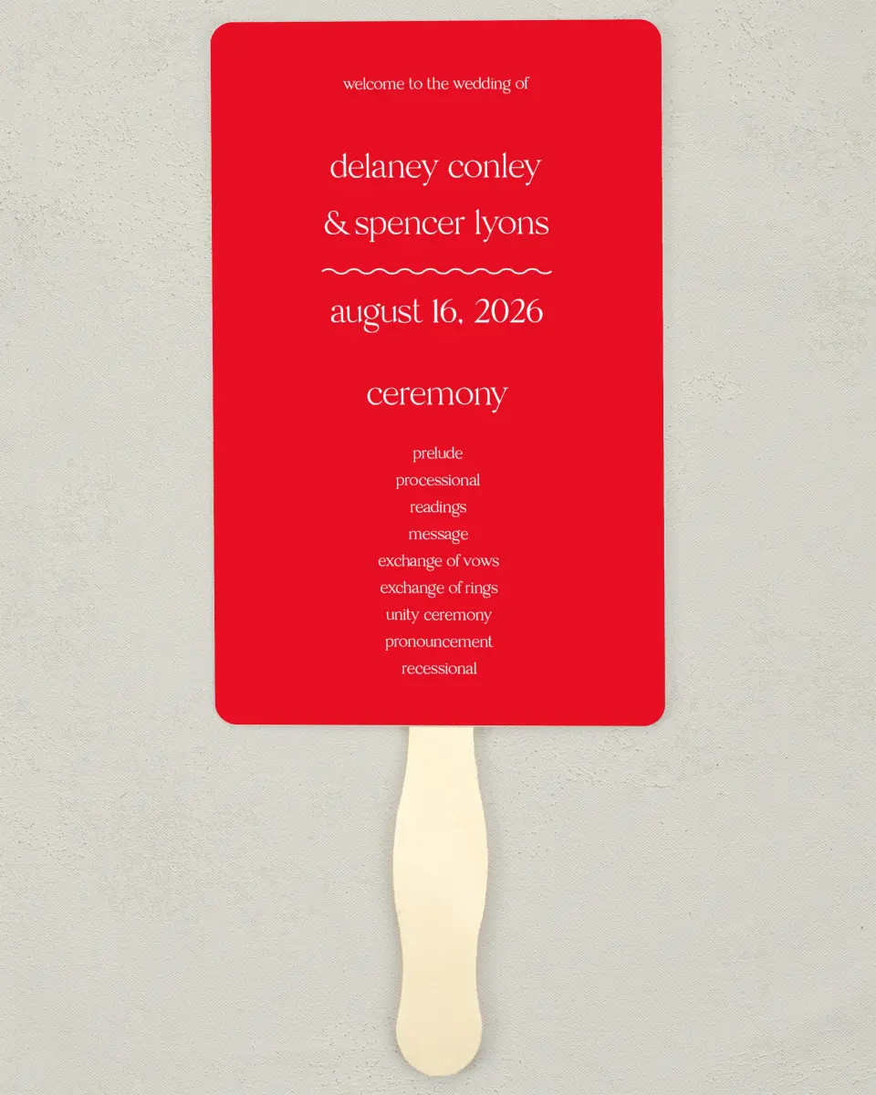 This is a 5" x 7⅞" Wedding Program Fan called The Delaney printed in full color on Premium Smooth paper