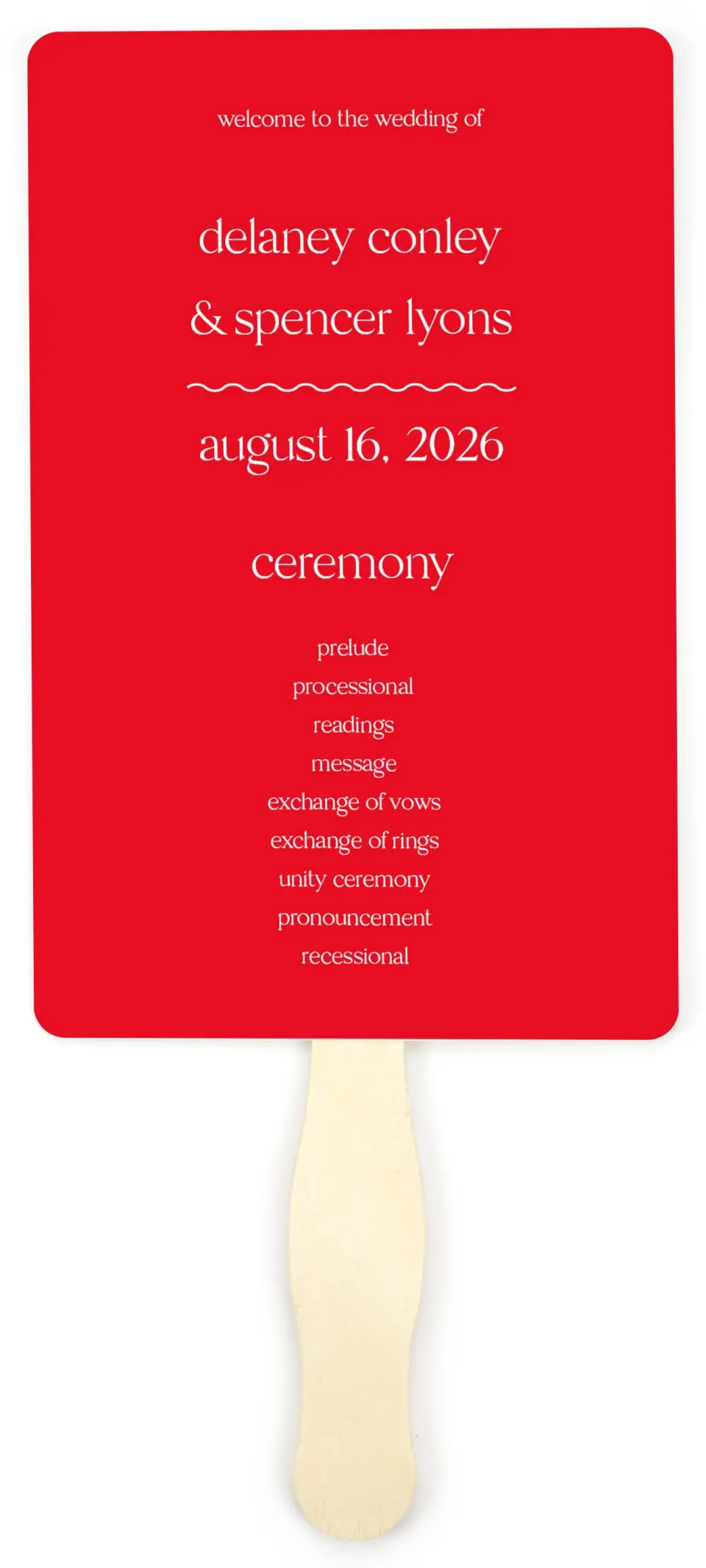 This is a 5" x 7⅞" Wedding Program Fan called The Delaney printed in full color on Premium Smooth paper