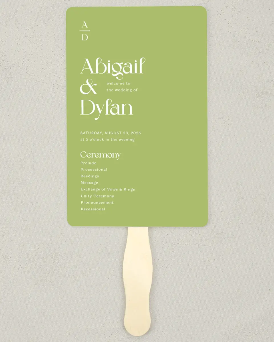 This is a 5" x 7⅞" Wedding Program Fan called The Abigail printed in full color with Silver foil on Luxe Satin (coated) paper