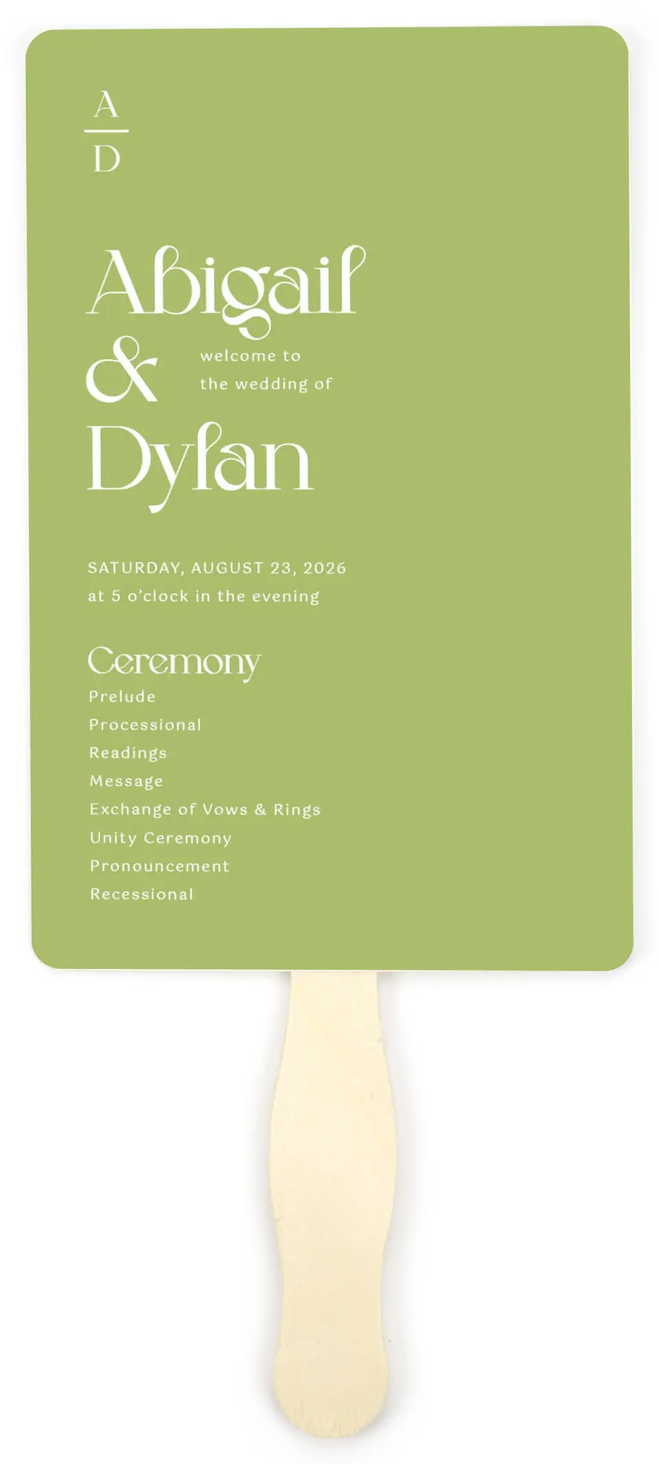 This is a 5" x 7⅞" Wedding Program Fan called The Abigail printed in full color on Premium Smooth paper
