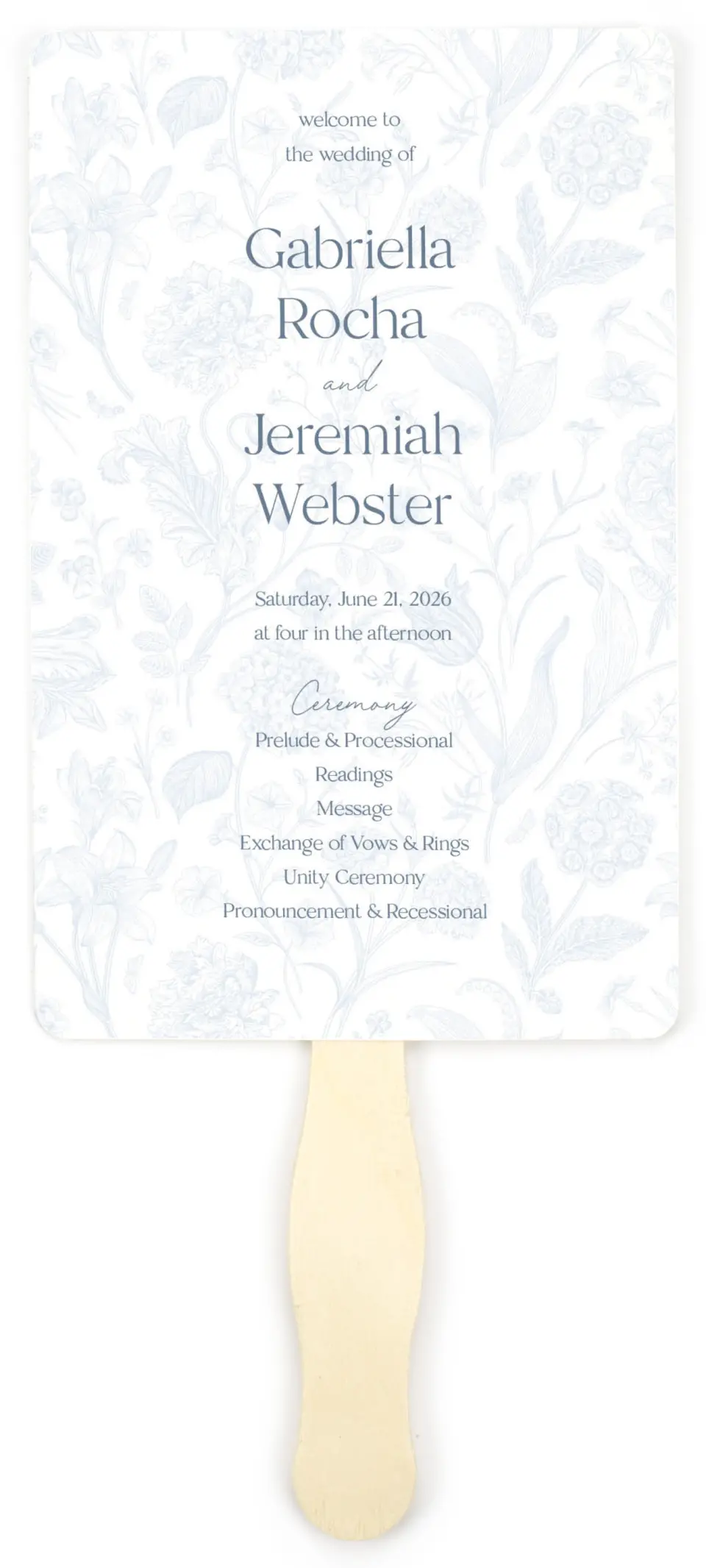 This is a 5" x 7⅞" Wedding Program Fan called The Gabriella printed in full color on Premium Smooth paper