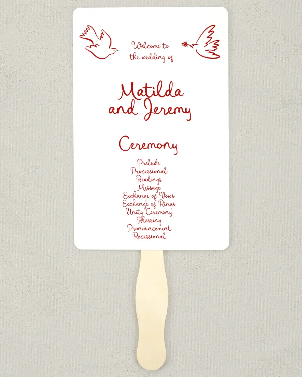 This is a 5" x 7⅞" Wedding Program Fan called Love Birds printed in full color with Rose Gold foil on Luxe Satin (coated) paper