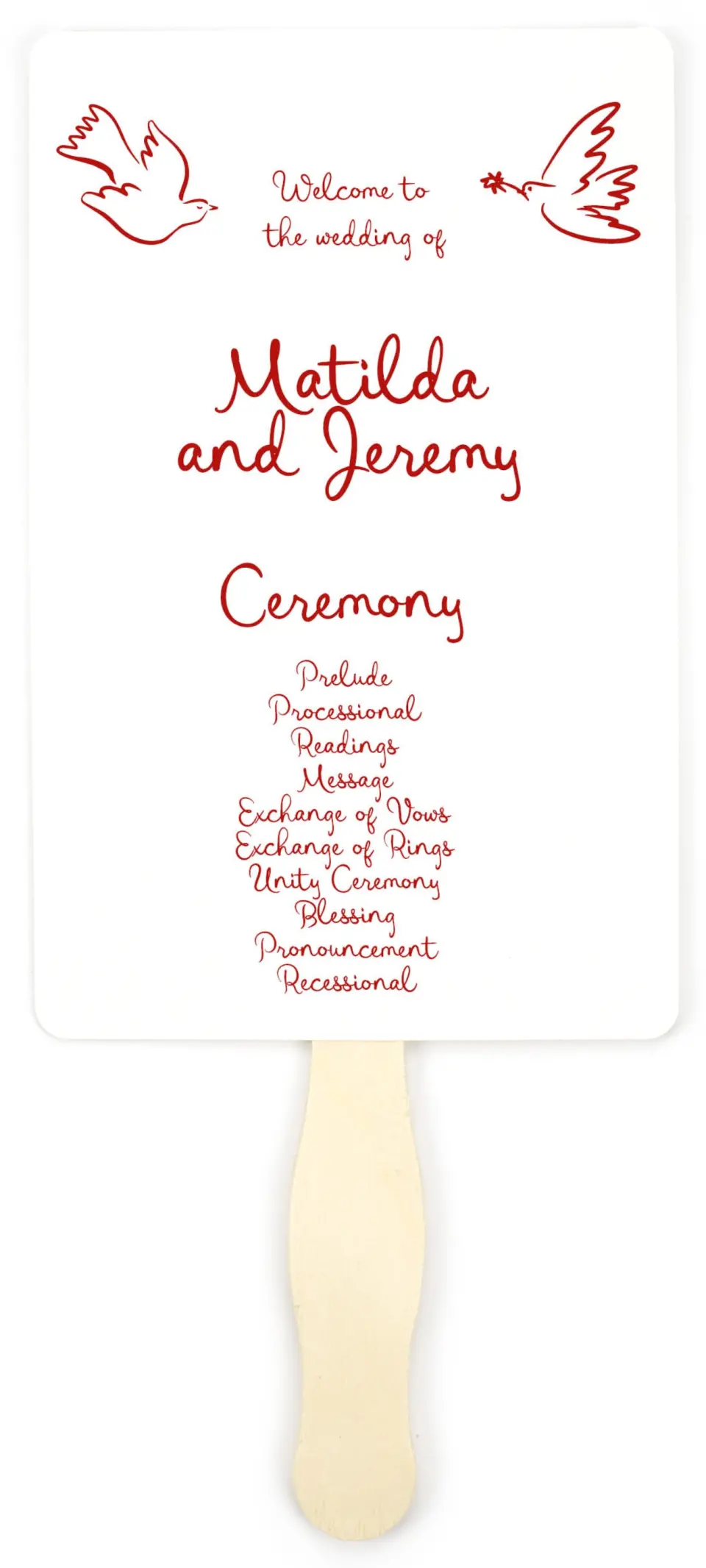This is a 5" x 7⅞" Wedding Program Fan called Love Birds printed in full color on Premium Smooth paper