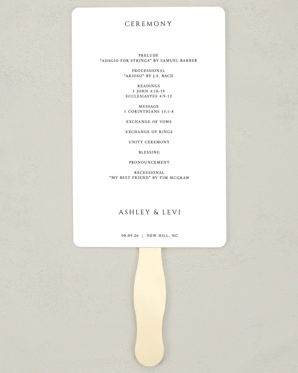 This is a 5" x 7⅞" Wedding Program Fan called Classic Romance printed in full color on Premium Smooth paper