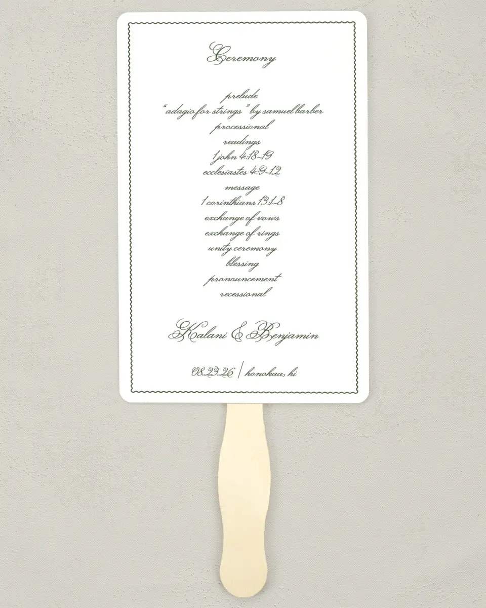 This is a 5" x 7⅞" Wedding Program Fan called Aloha Amore printed in full color on Premium Smooth paper