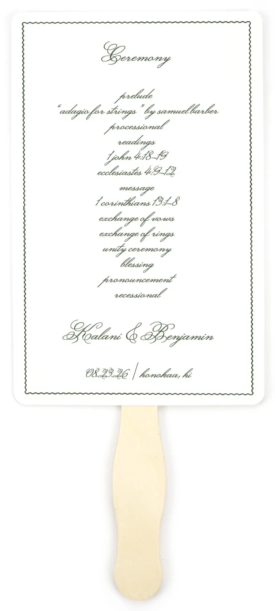 This is a 5" x 7⅞" Wedding Program Fan called Aloha Amore printed in full color on Premium Smooth paper