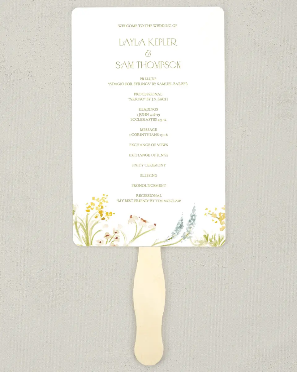 This is a 5" x 7⅞" Wedding Program Fan called Forever in Bloom printed in full color on Premium Smooth paper