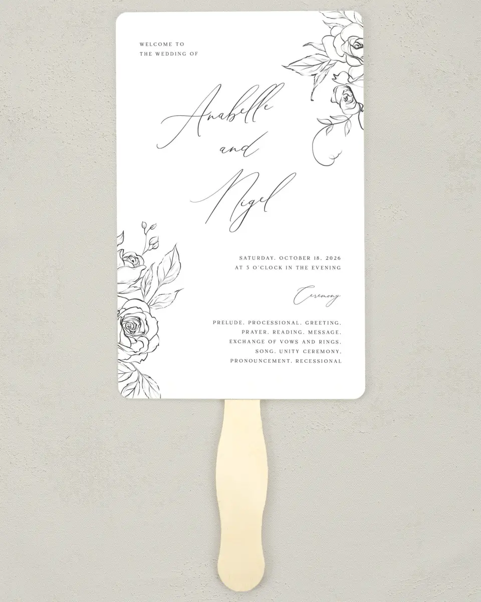 This is a 5" x 7⅞" Wedding Program Fan called The Anabelle printed in full color with Rose Gold foil on Luxe Satin (coated) paper
