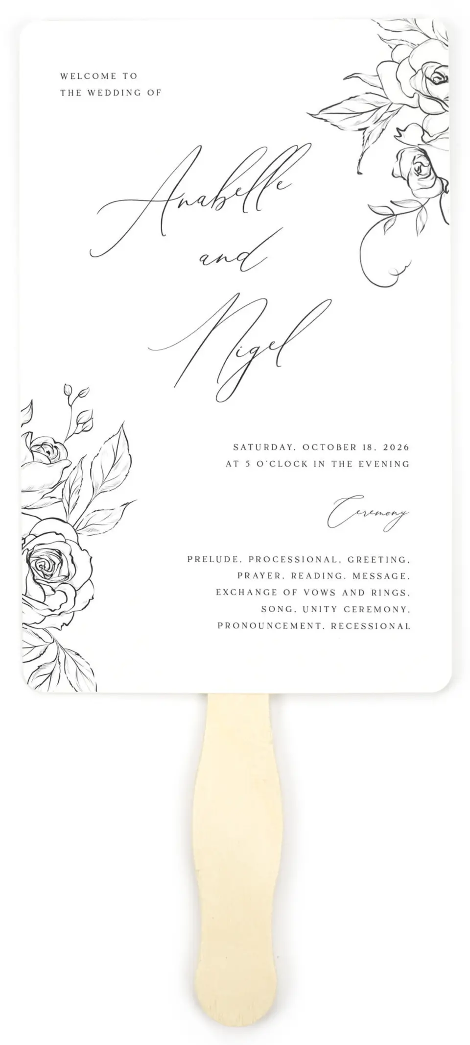 This is a 5" x 7⅞" Wedding Program Fan called The Anabelle printed in full color on Premium Smooth paper