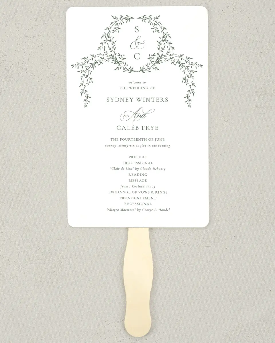 This is a 5" x 7⅞" Wedding Program Fan called Elegant Frame printed in full color on Premium Smooth paper