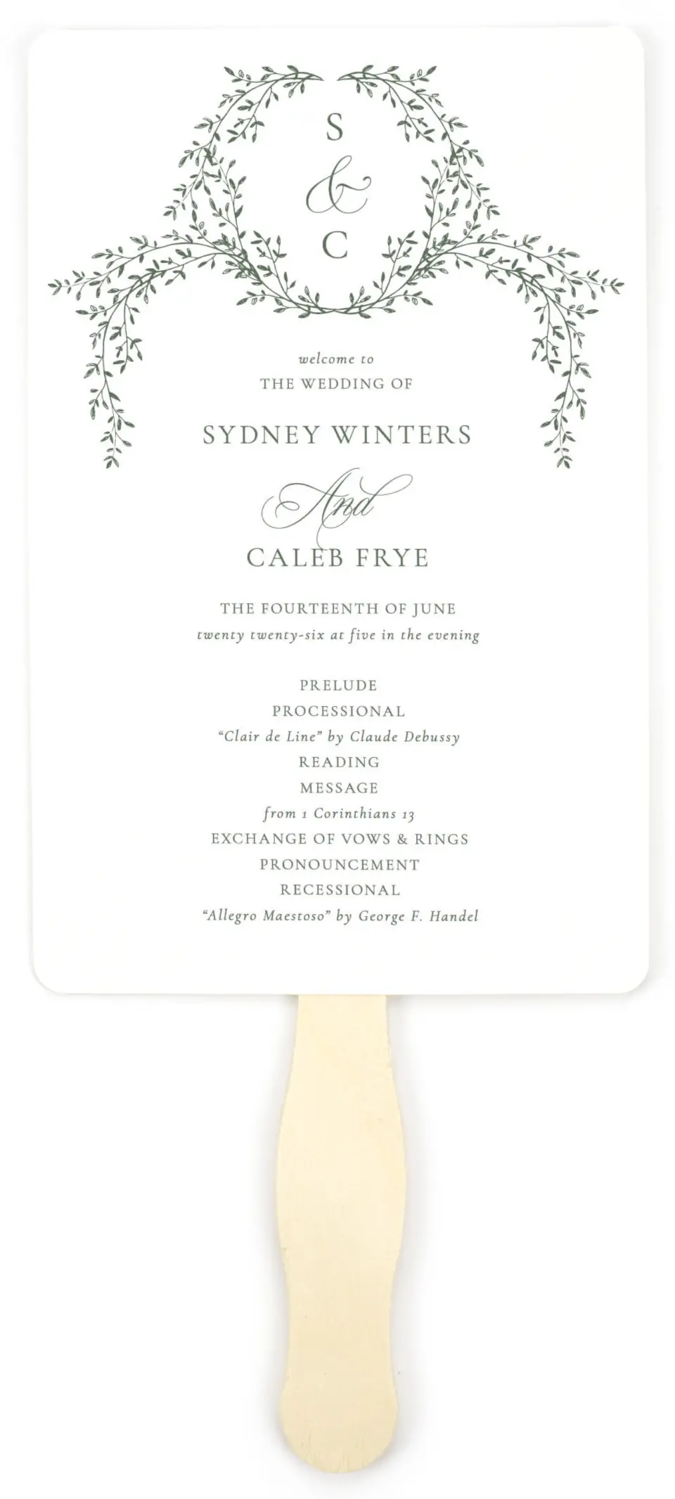 This is a 5" x 7⅞" Wedding Program Fan called Elegant Frame printed in full color on Premium Smooth paper