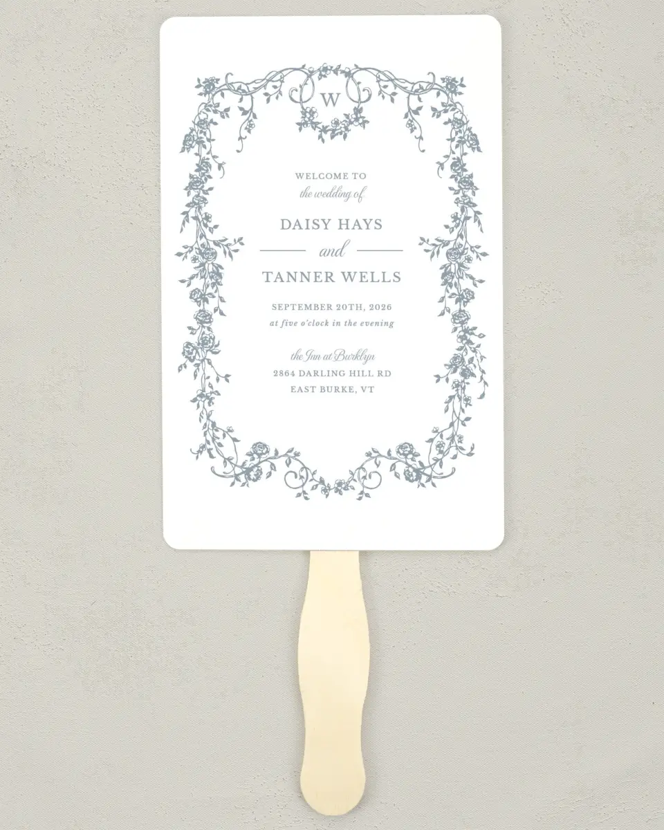 This is a 5" x 7⅞" Wedding Program Fan called Flowering Frame printed in full color with Rose Gold foil on Luxe Satin (coated) paper