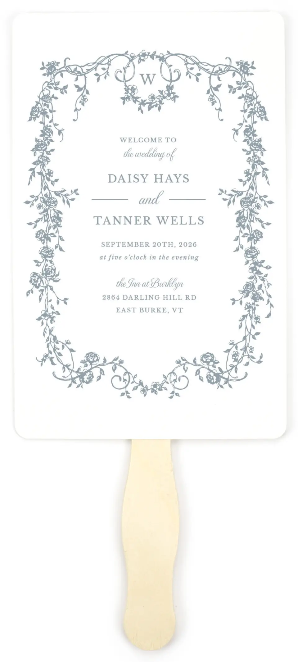 This is a 5" x 7⅞" Wedding Program Fan called Flowering Frame printed in full color on Premium Smooth paper