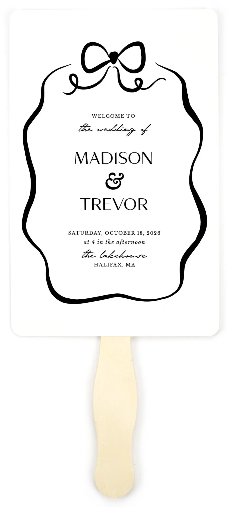 This is a 5" x 7⅞" Wedding Program Fan called The Madison printed in full color on Premium Smooth paper