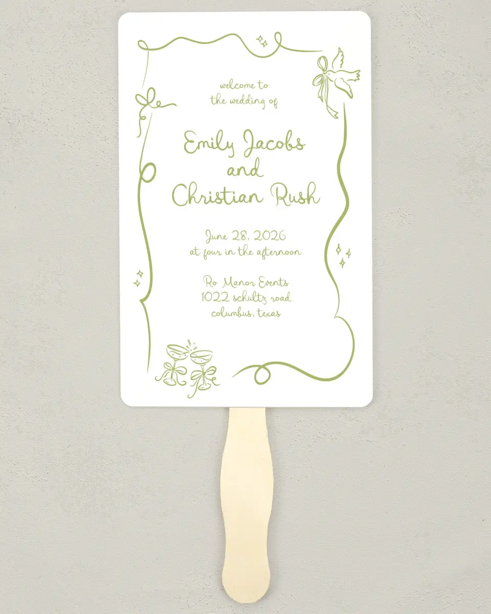 This is a 5" x 7⅞" Wedding Program Fan called Wedding Whimsy printed in full color with Rose Gold foil on Luxe Satin (coated) paper