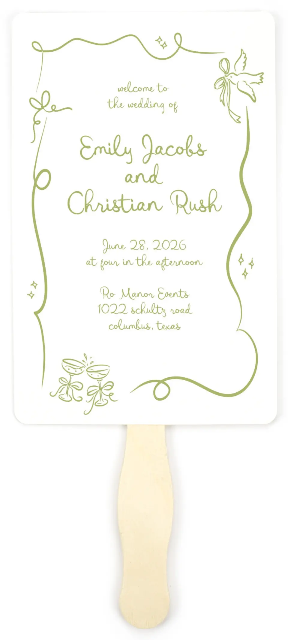 This is a 5" x 7⅞" Wedding Program Fan called Wedding Whimsy printed in full color on Premium Smooth paper