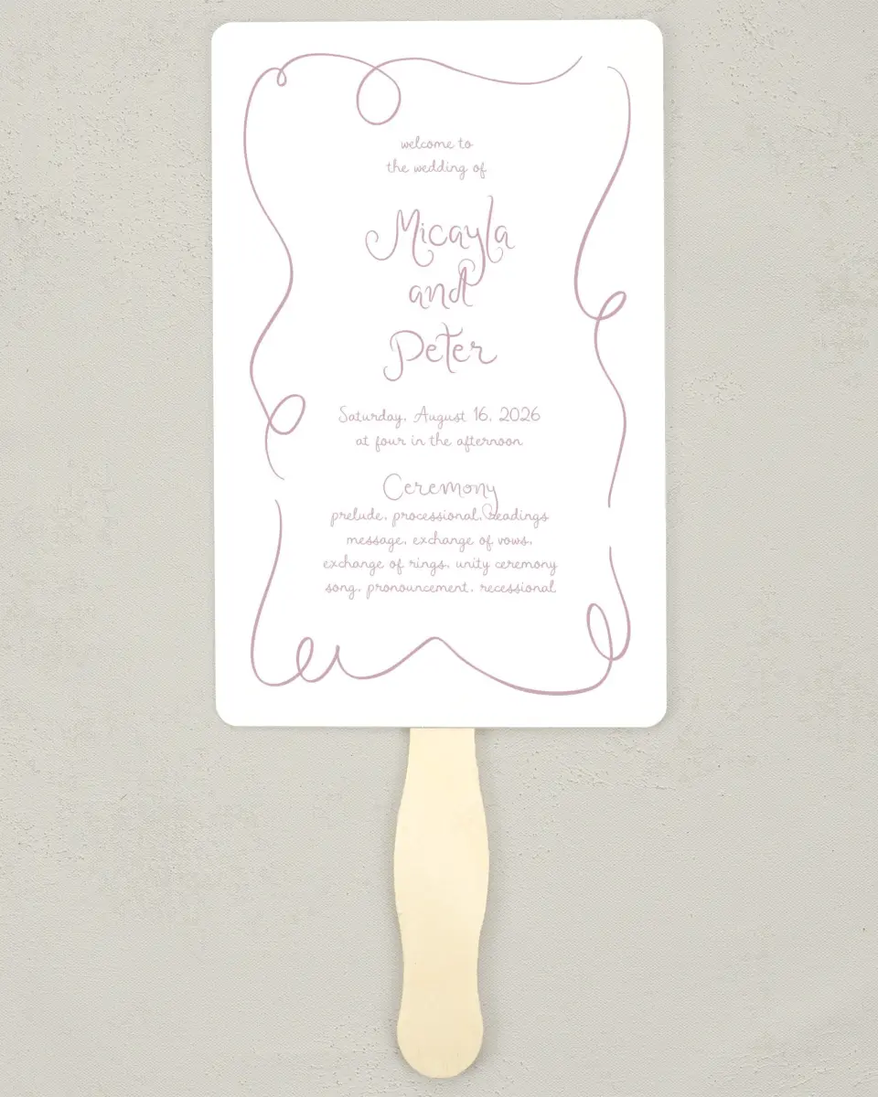 This is a 5" x 7⅞" Wedding Program Fan called The Micayla printed in full color on Premium Smooth paper