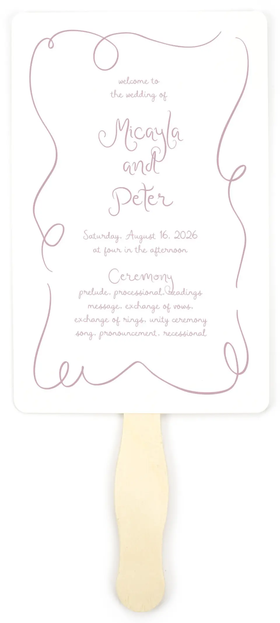 This is a 5" x 7⅞" Wedding Program Fan called The Micayla printed in full color on Premium Smooth paper