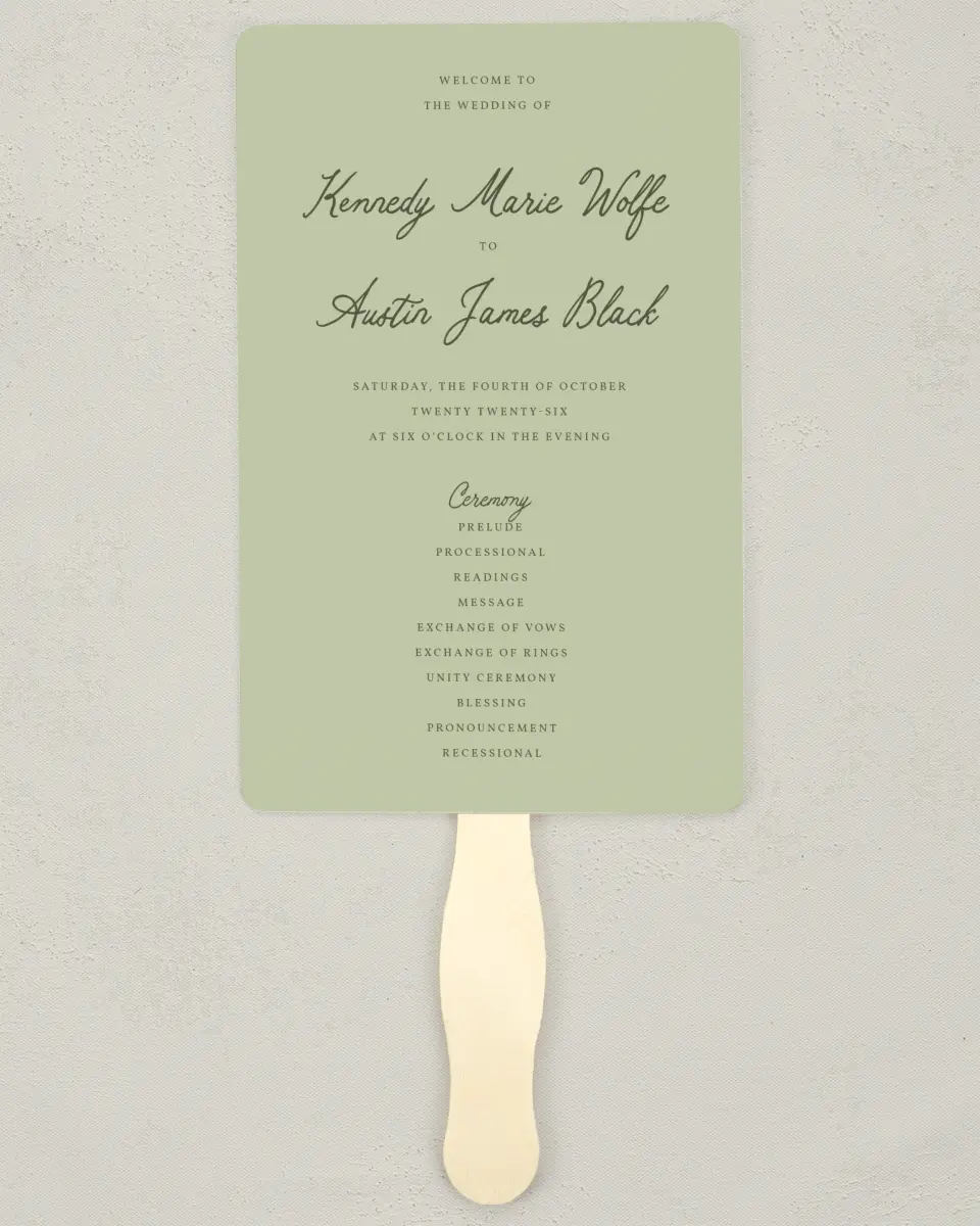 This is a 5" x 7⅞" Wedding Program Fan called The Kennedy printed in full color on Premium Smooth paper