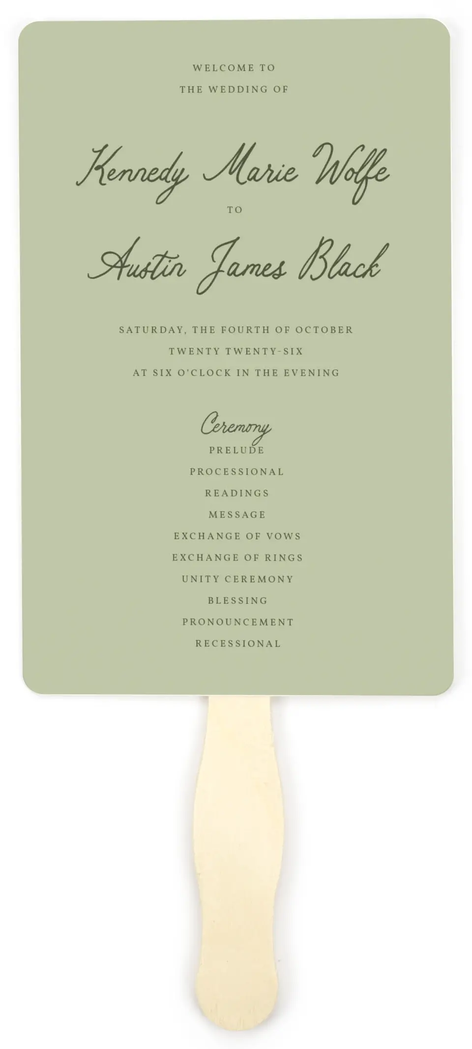 This is a 5" x 7⅞" Wedding Program Fan called The Kennedy printed in full color on Premium Smooth paper