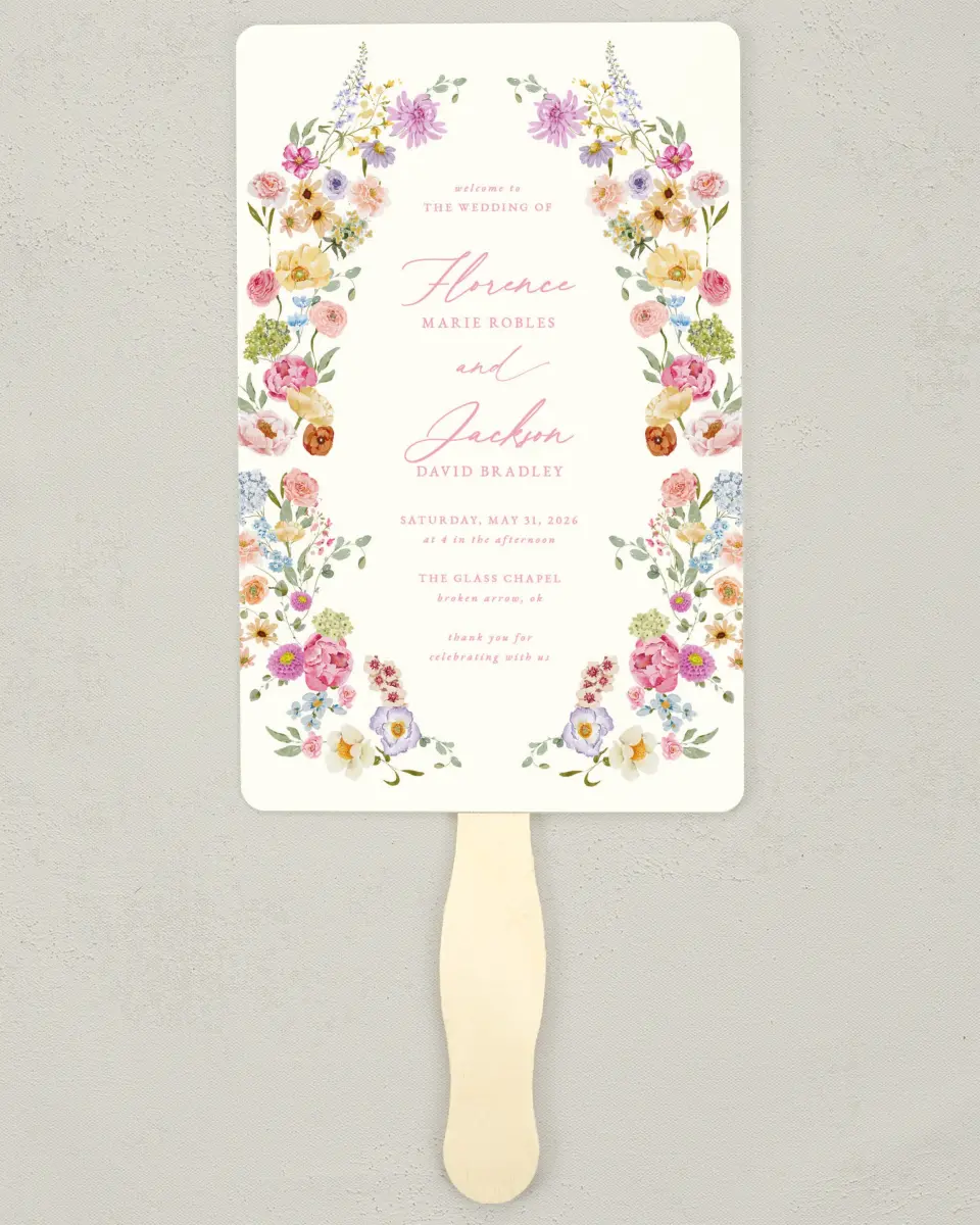 This is a 5" x 7⅞" Wedding Program Fan called The Florence printed in full color on Premium Smooth paper