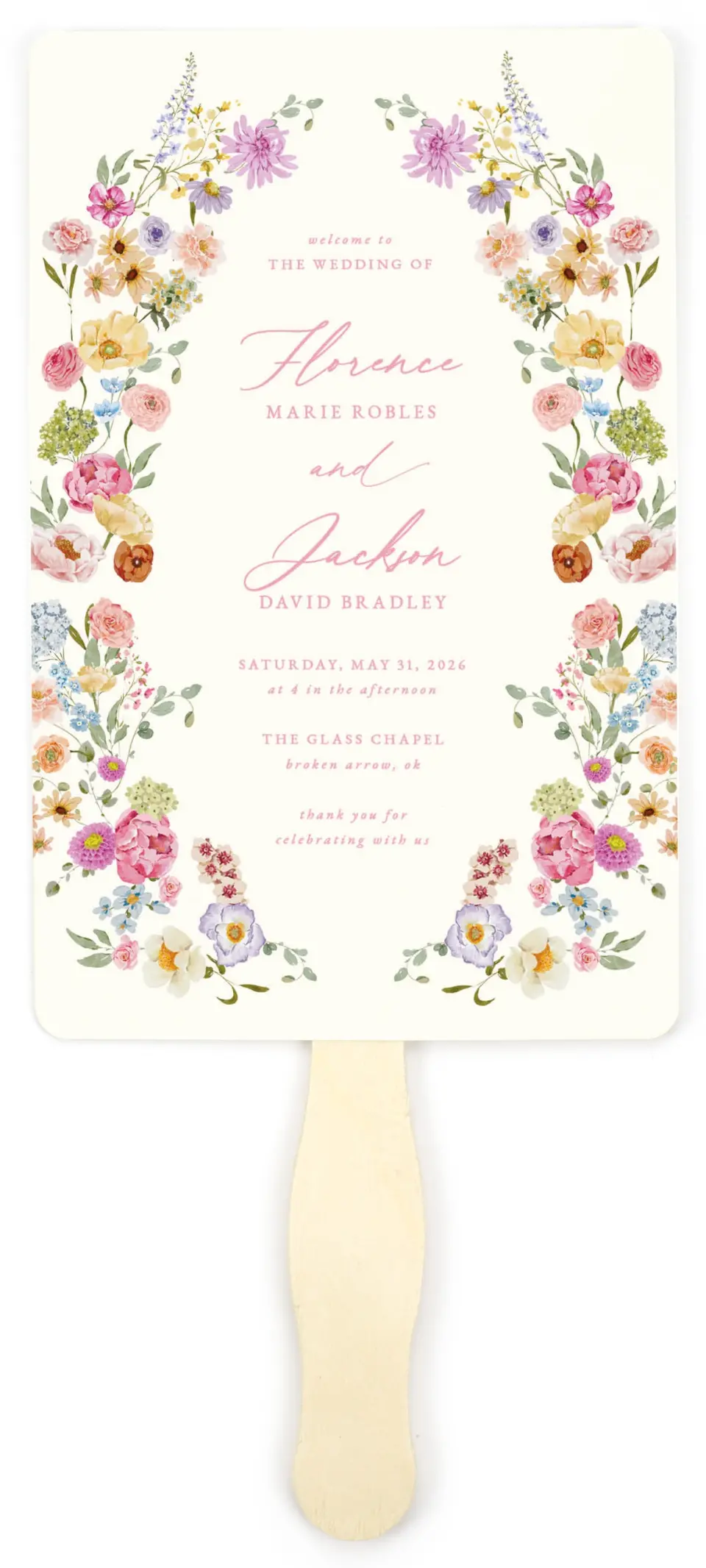 This is a 5" x 7⅞" Wedding Program Fan called The Florence printed in full color on Premium Smooth paper