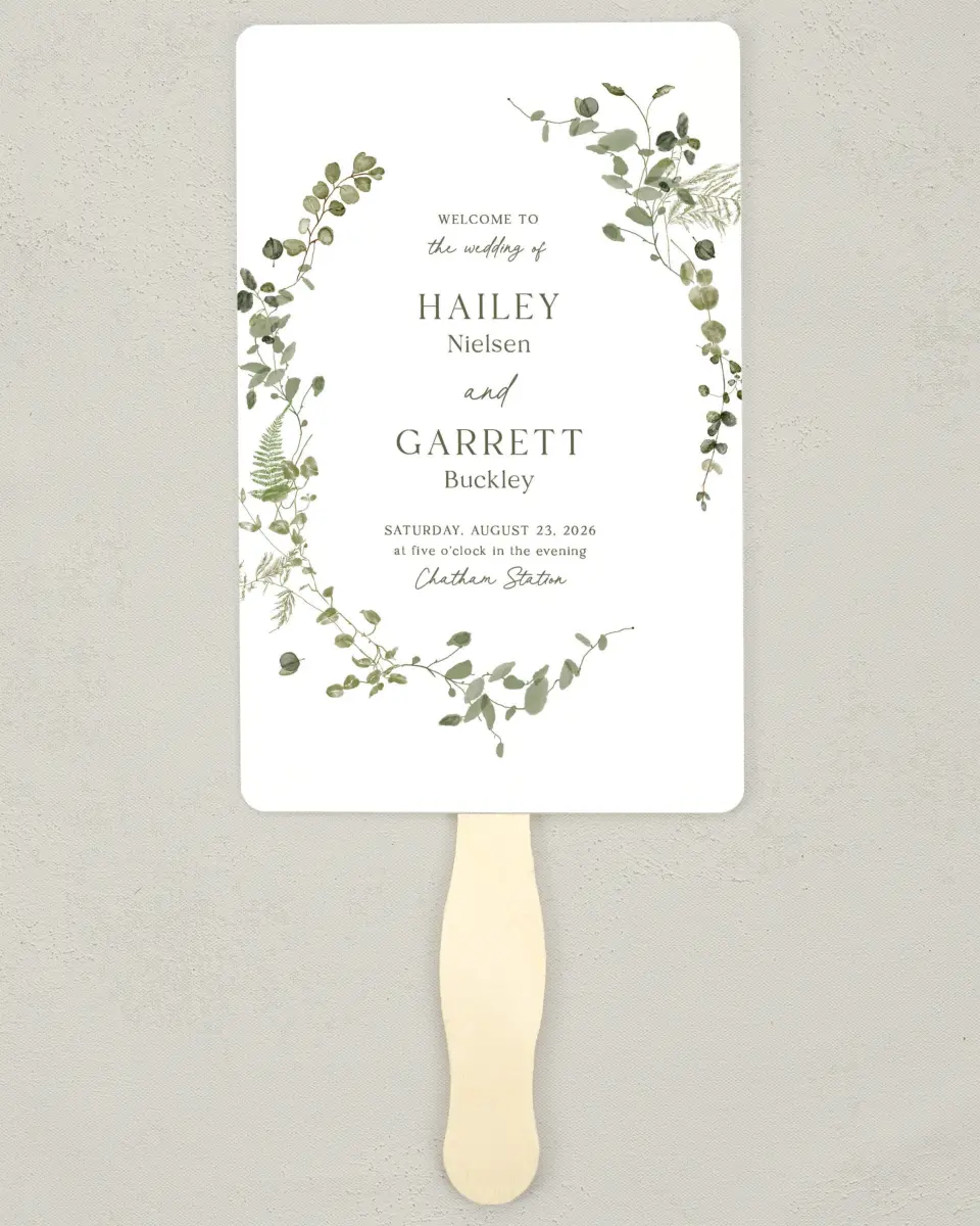 This is a 5" x 7⅞" Wedding Program Fan called The Hailey printed in full color on Premium Smooth paper