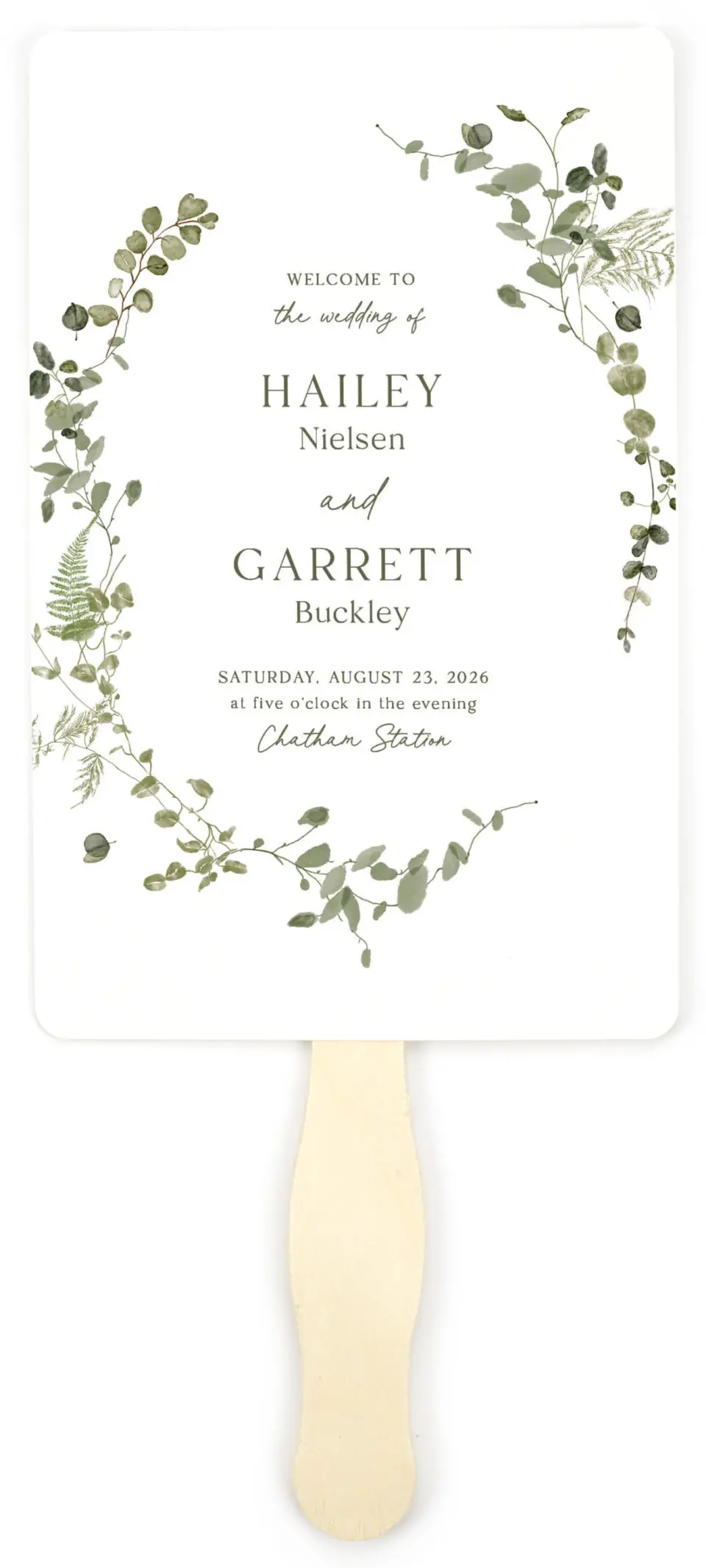 This is a 5" x 7⅞" Wedding Program Fan called The Hailey printed in full color on Premium Smooth paper