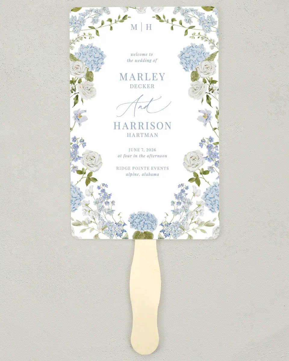 This is a 5" x 7⅞" Wedding Program Fan called Blue Blossoms printed in full color on Premium Smooth paper