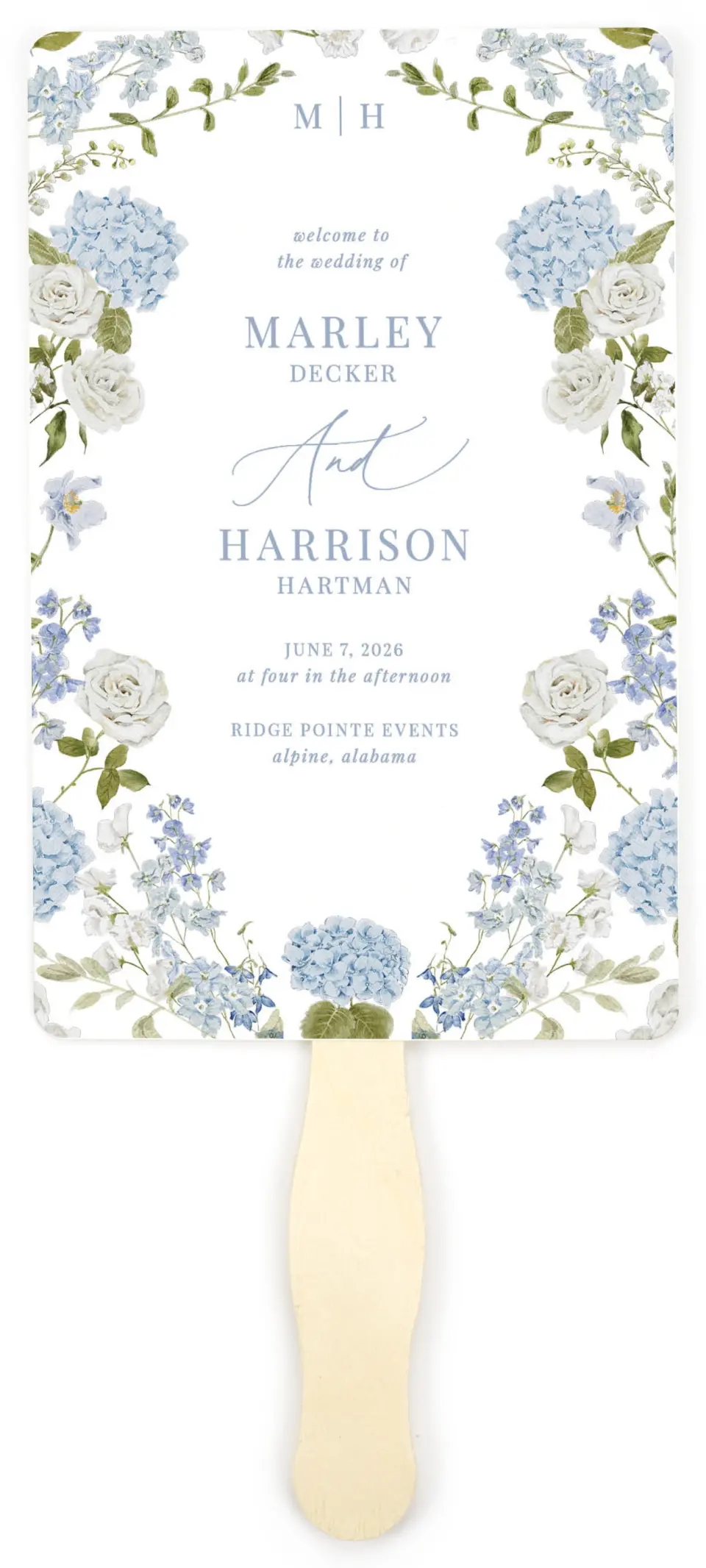 This is a 5" x 7⅞" Wedding Program Fan called Blue Blossoms printed in full color on Premium Smooth paper