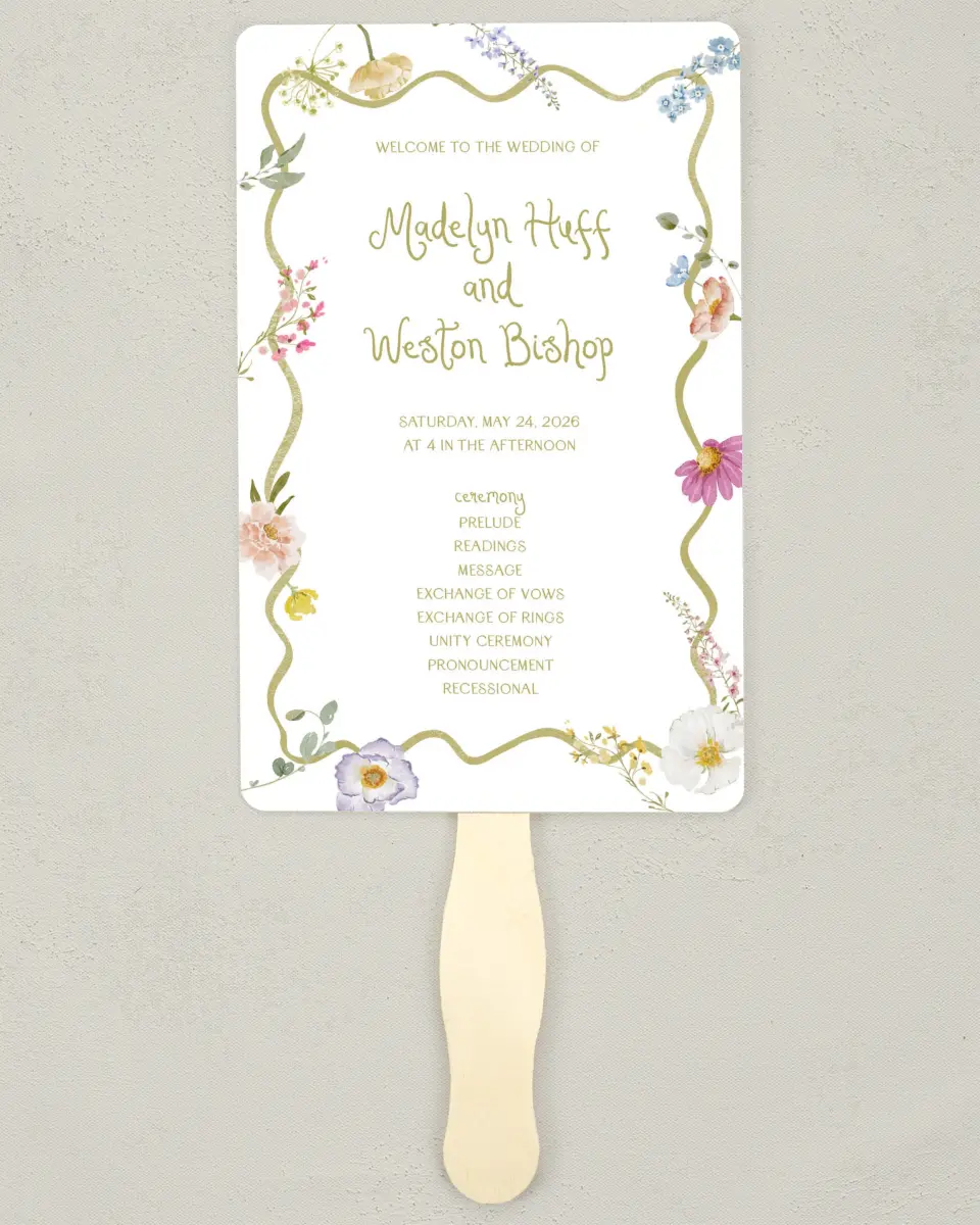 This is a 5" x 7⅞" Wedding Program Fan called Whimsical Garden printed in full color on Premium Smooth paper