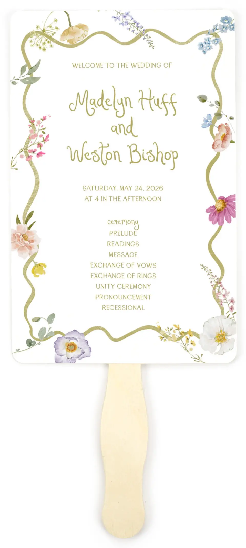 This is a 5" x 7⅞" Wedding Program Fan called Whimsical Garden printed in full color on Premium Smooth paper