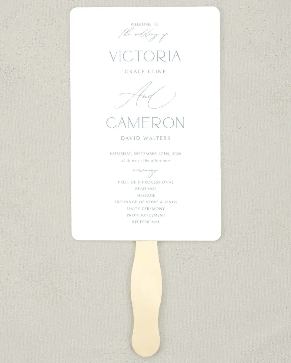 This is a 5" x 7⅞" Wedding Program Fan called The Victoria printed in full color with Silver foil on Luxe Satin (coated) paper