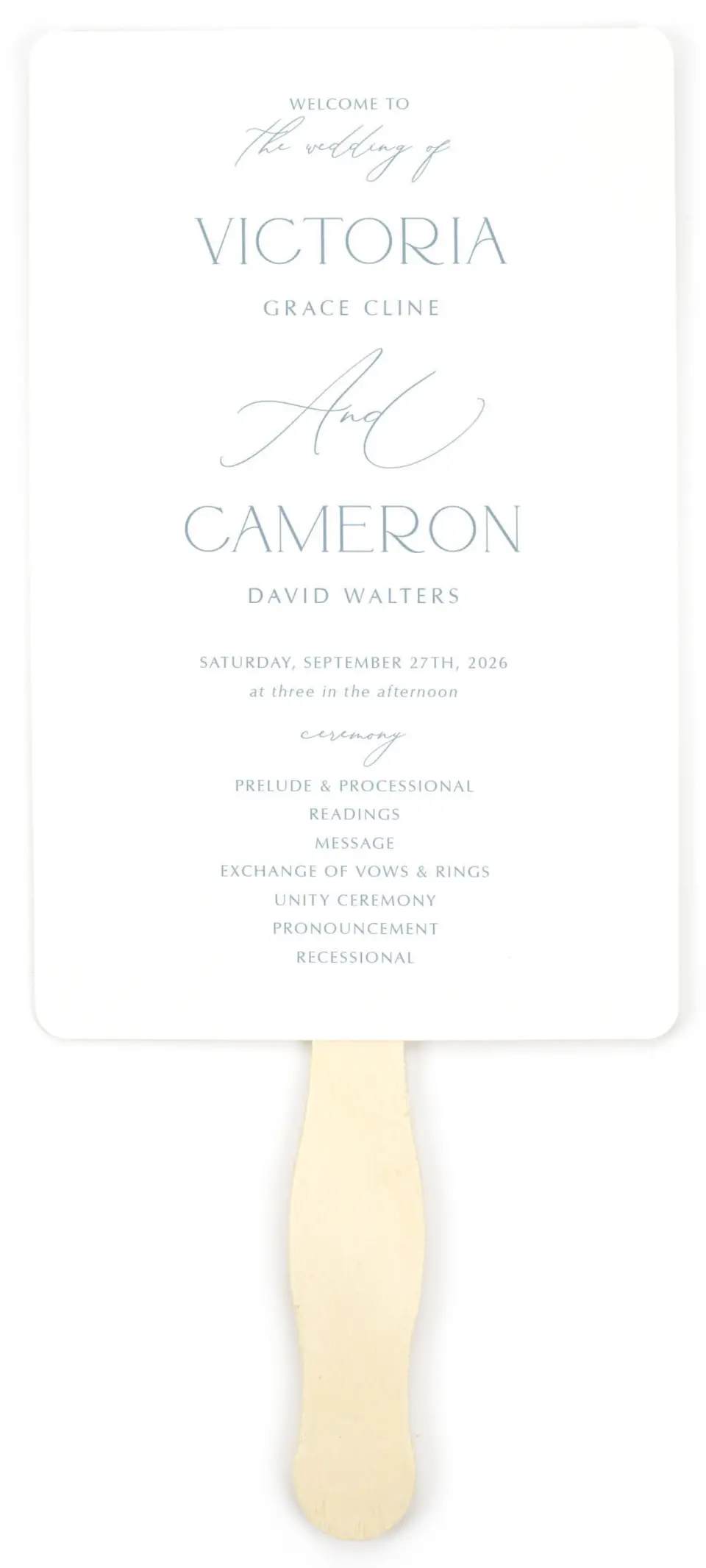 This is a 5" x 7⅞" Wedding Program Fan called The Victoria printed in full color on Premium Smooth paper