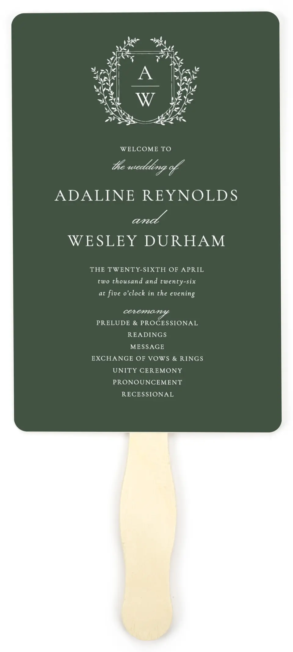 This is a 5" x 7⅞" Wedding Program Fan called The Adaline printed in full color on Premium Smooth paper