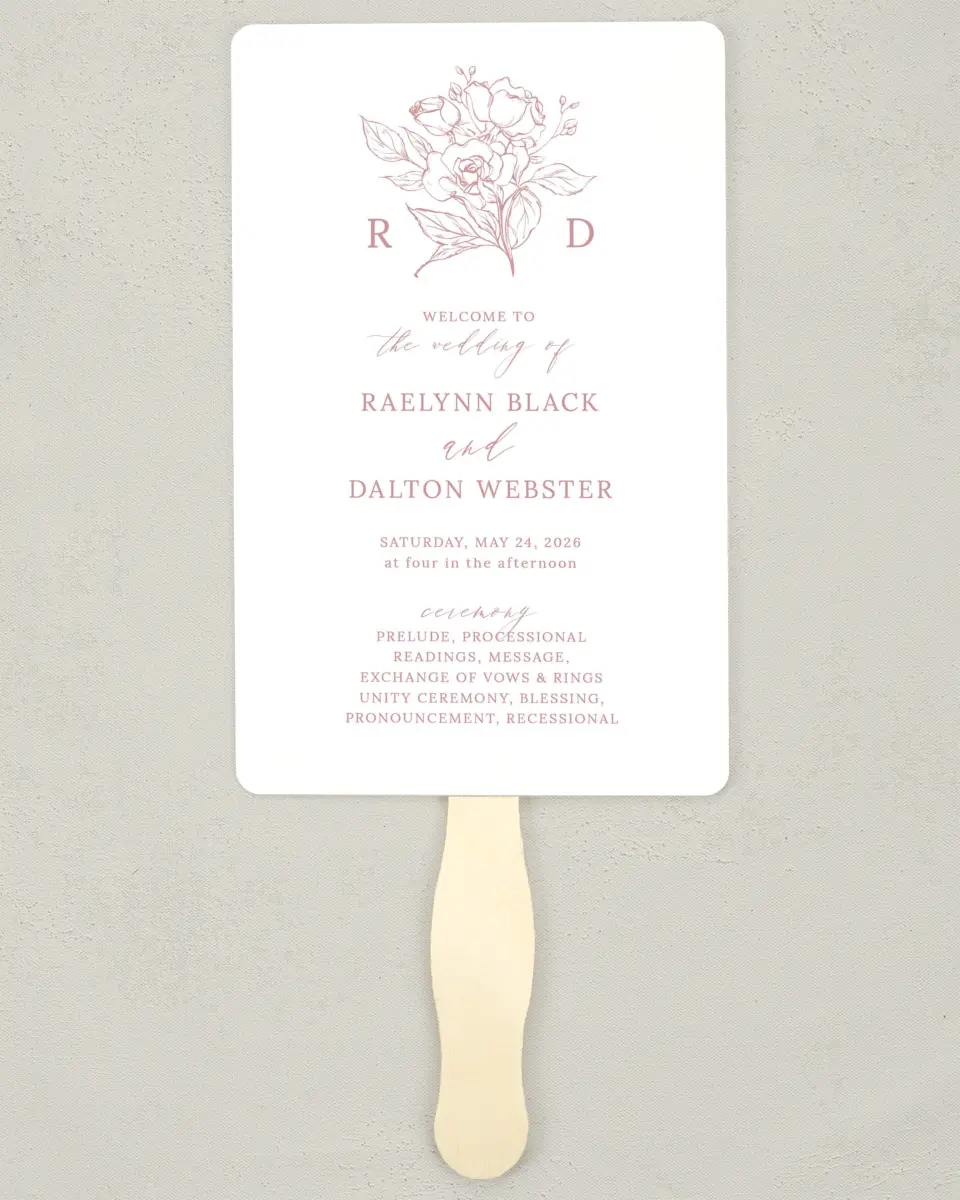 This is a 5" x 7⅞" Wedding Program Fan called Blushing Rose printed in full color on Premium Smooth paper
