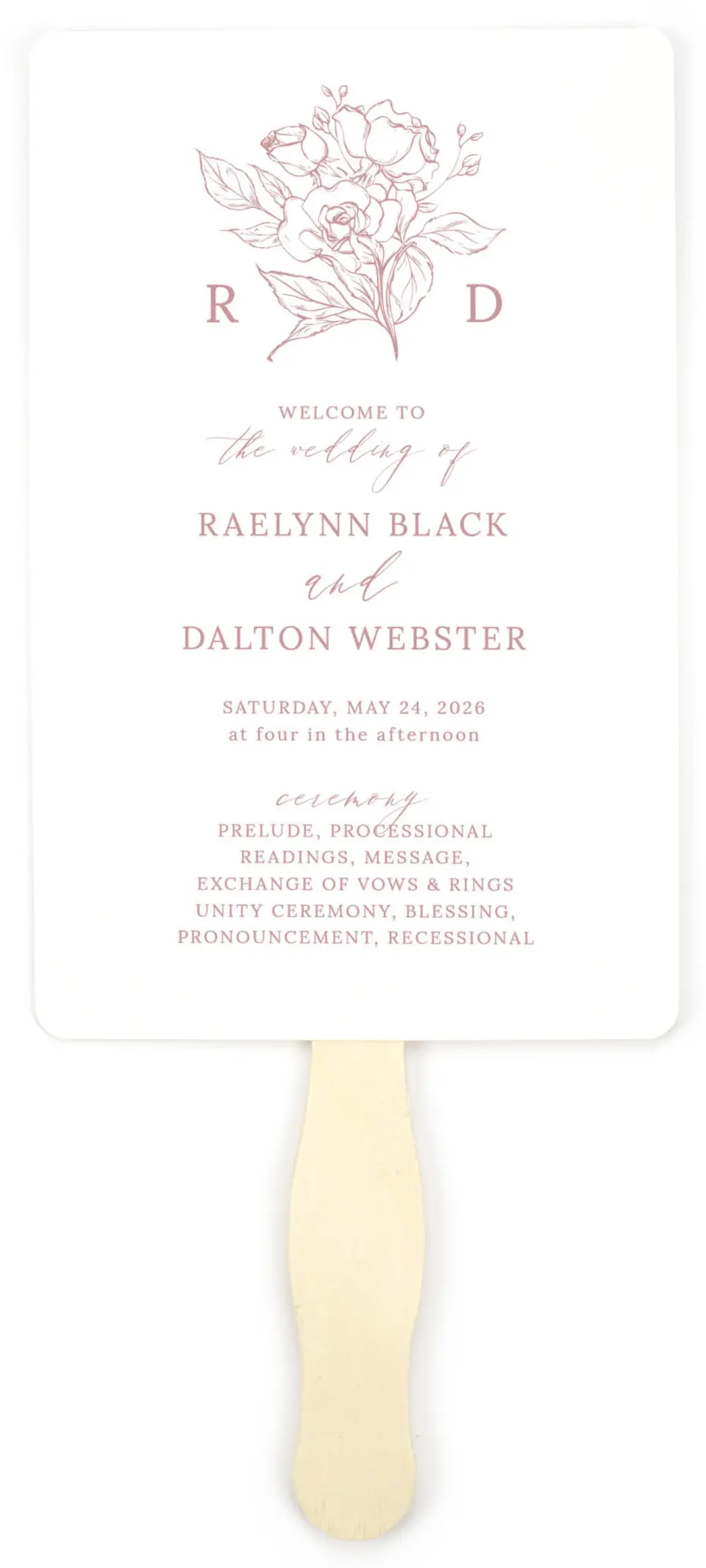This is a 5" x 7⅞" Wedding Program Fan called Blushing Rose printed in full color on Premium Smooth paper