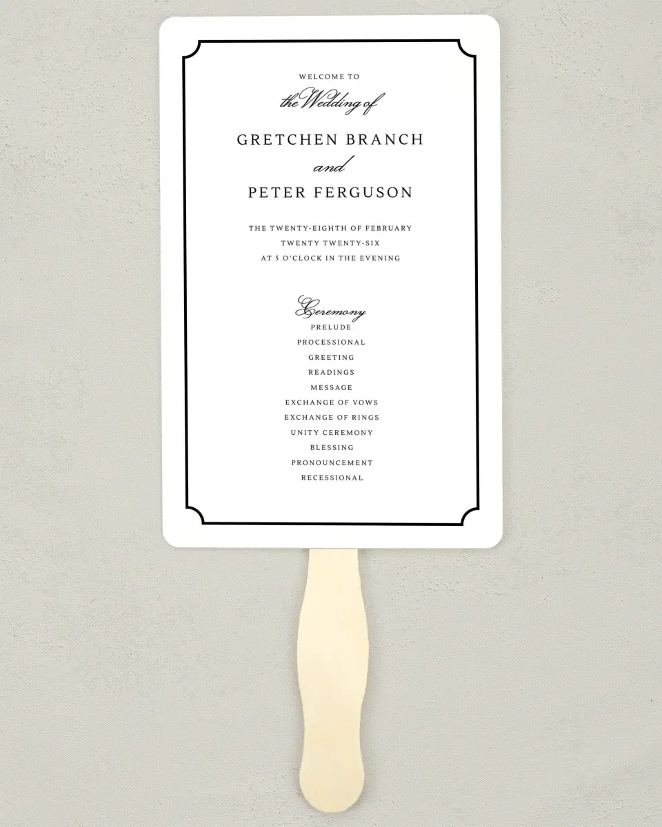 This is a 5" x 7⅞" Wedding Program Fan called Elegant Tradition printed in full color with Gold foil on Luxe Satin (coated) paper