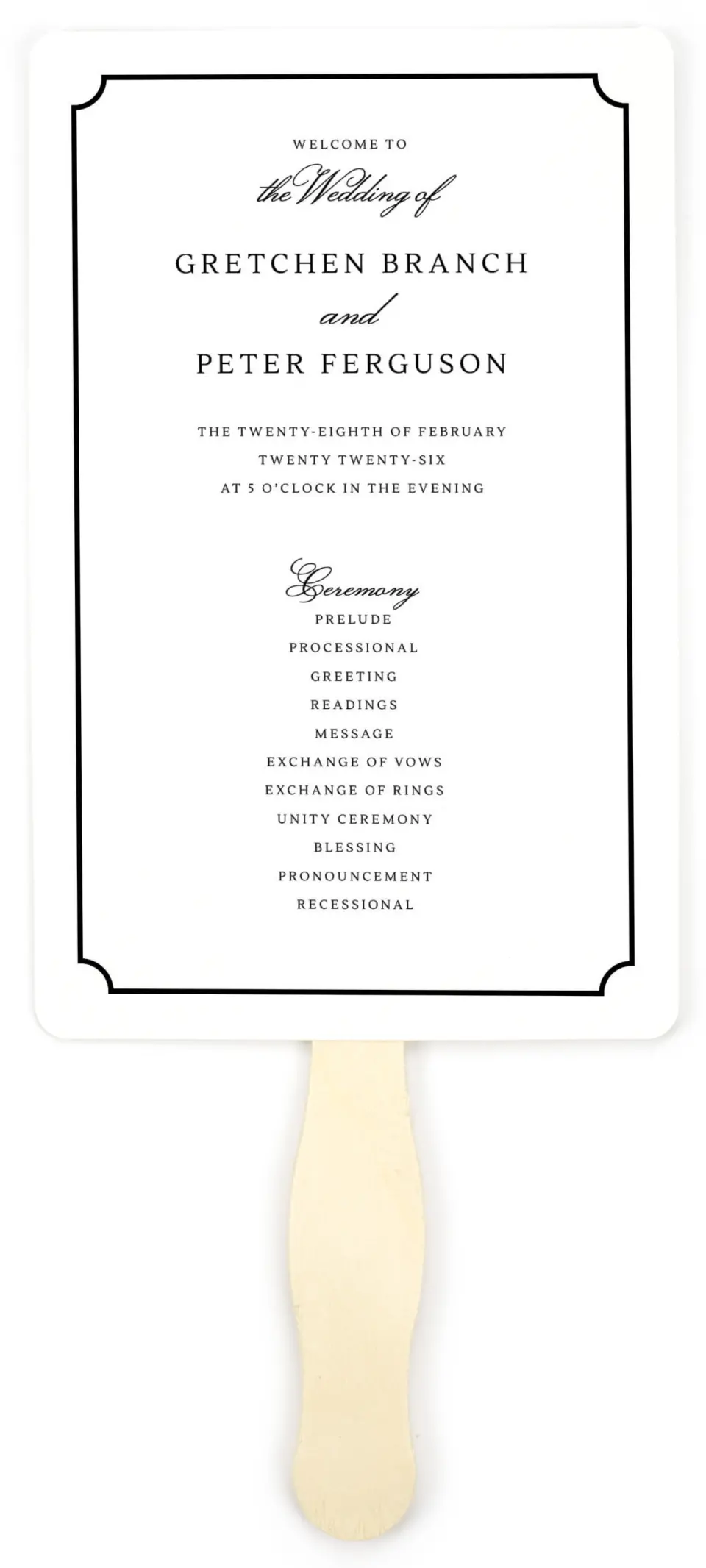 This is a 5" x 7⅞" Wedding Program Fan called Elegant Tradition printed in full color on Premium Smooth paper
